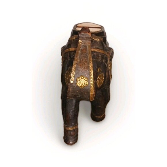 VTG Hand Carved Wood Elephant Figurine Brass & Shell Decorative Inlay Made India - Picture 4 of 5